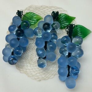 Vintage Murano Italy MCM Blue Frosted Glass Grape Cluster Figurines (Set of 3)